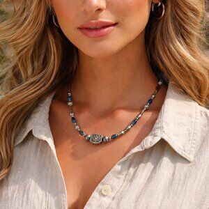 Vintage Southwest Style Silver Tone Boho Tribal Blude Bead Necklace